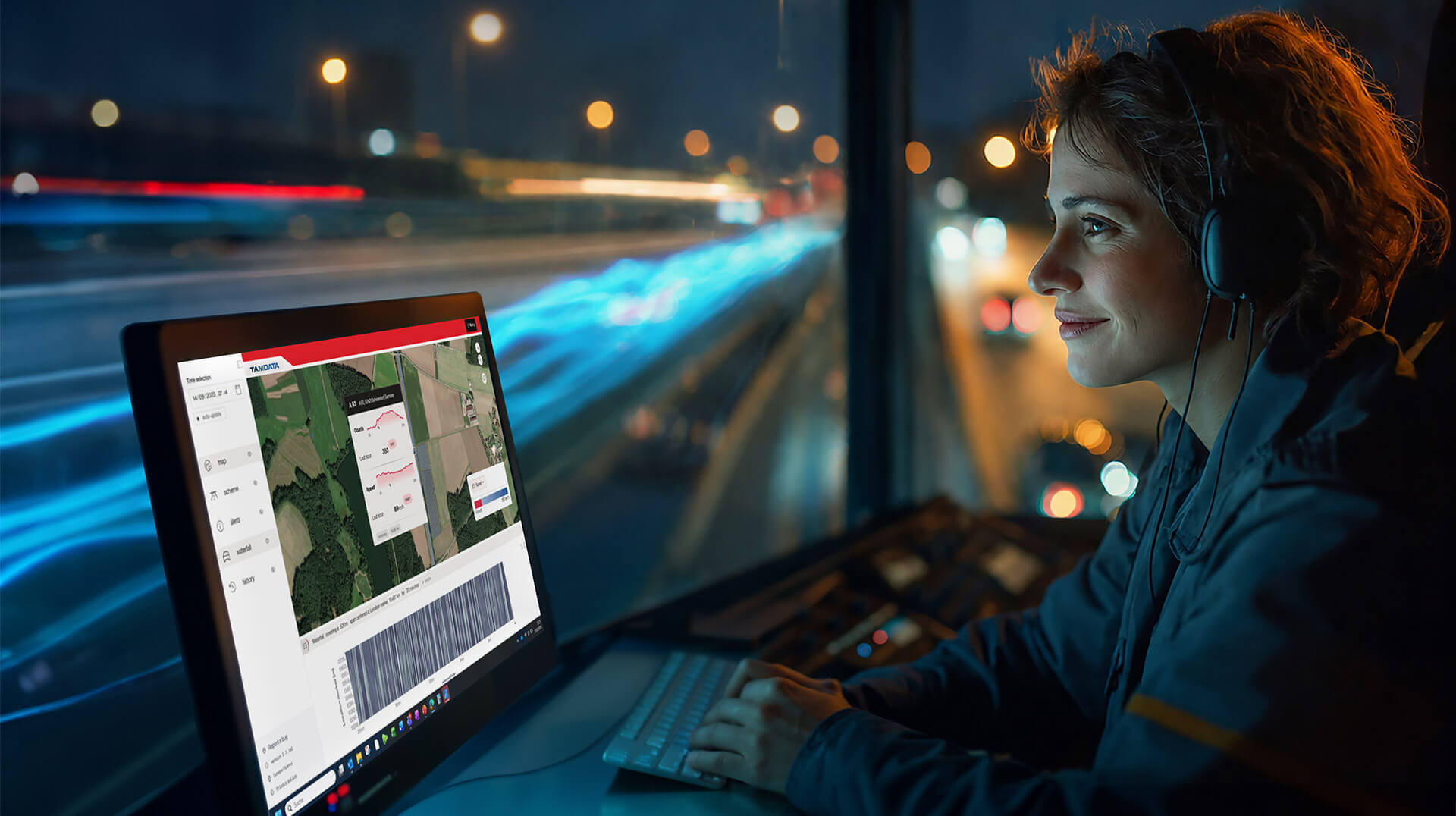 A woman sits in front of a screen displaying TAMDATA data at headquarters